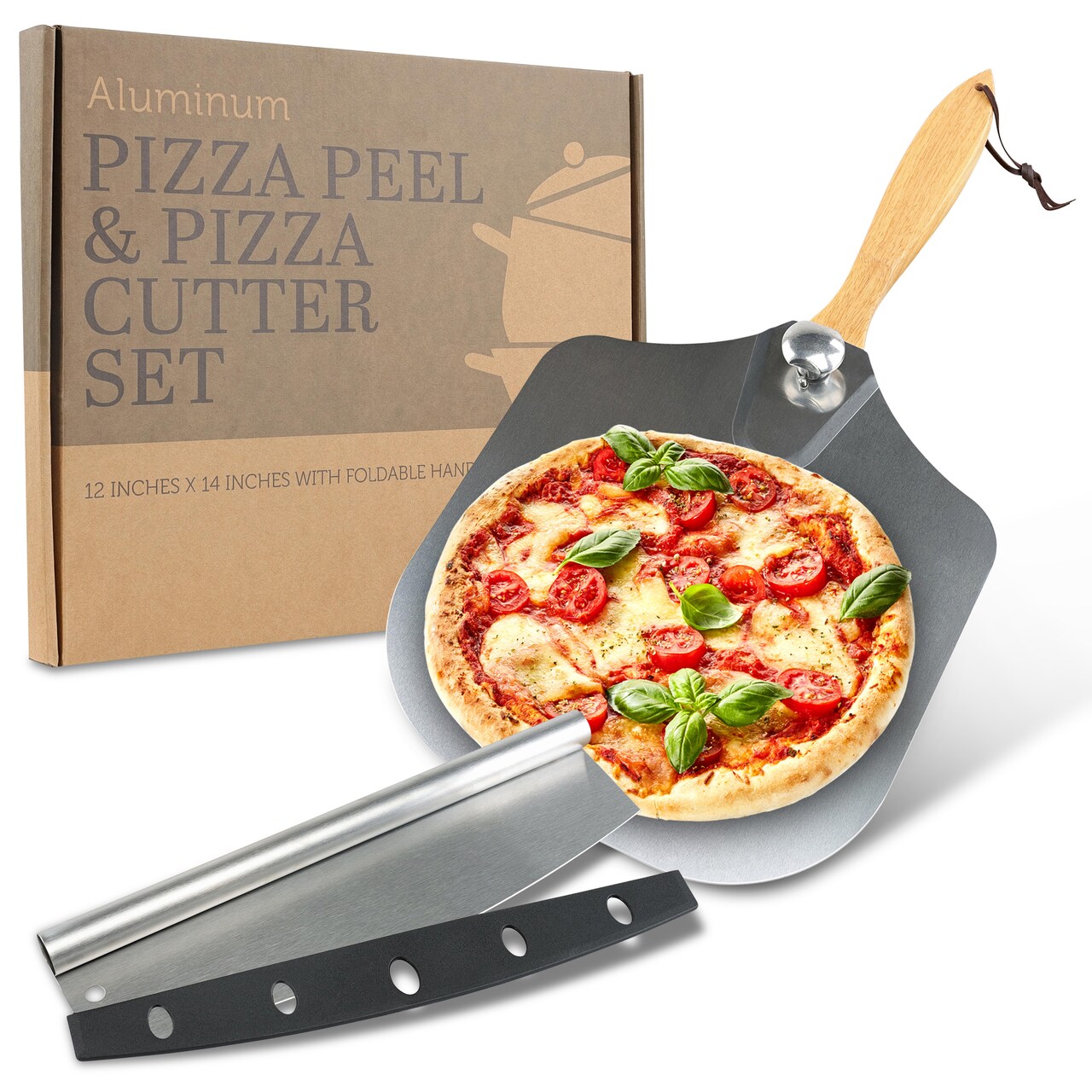 Potted Pans Metal Pizza Peel 12 x 14in Foldable Pizza Paddle with Rocker Cutter